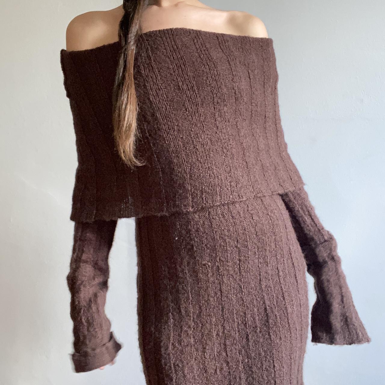 Brown Off-Shoulder Knit Dress Sizes:... - Depop