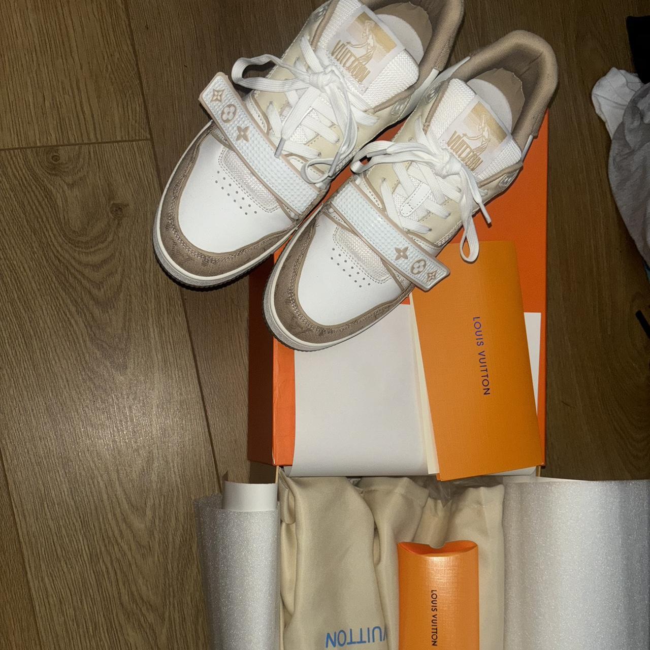 Louis Vuitton LV trainers in cream, brand new, worn... - Depop