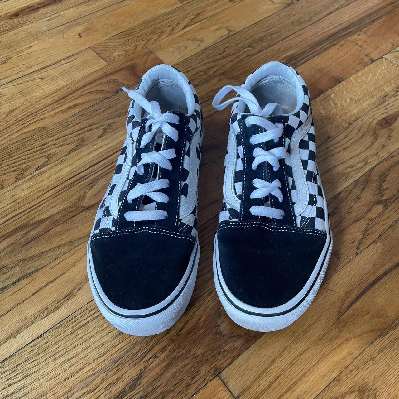 black and white checkered vans platform lightly... - Depop