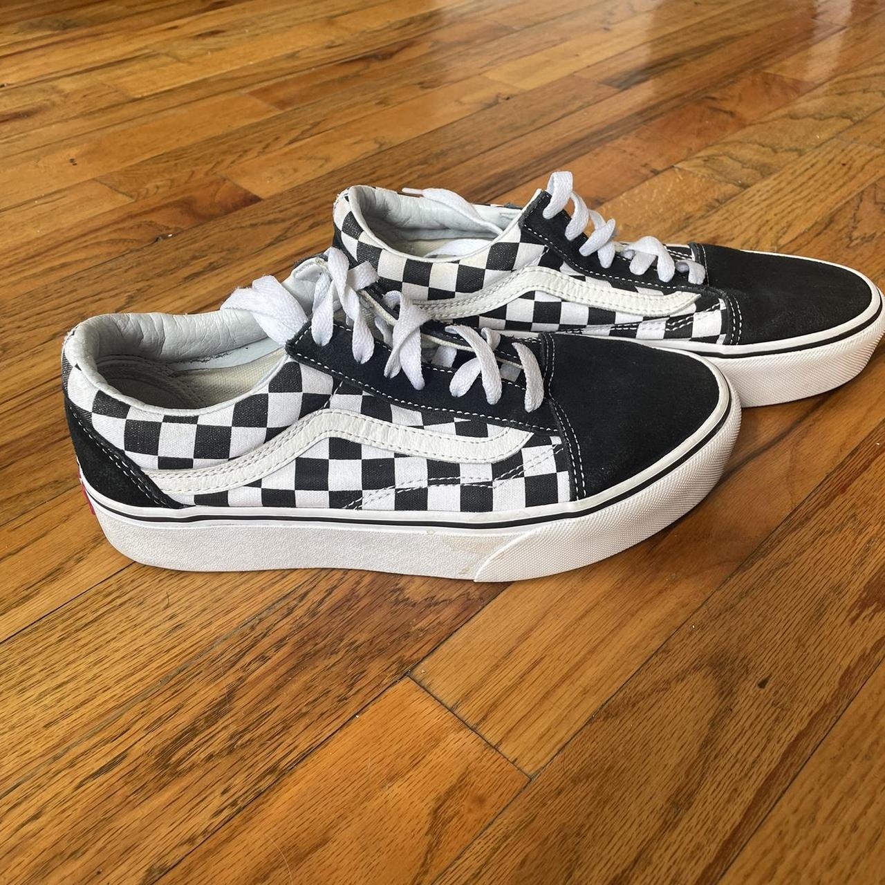 black and white checkered vans platform lightly... - Depop