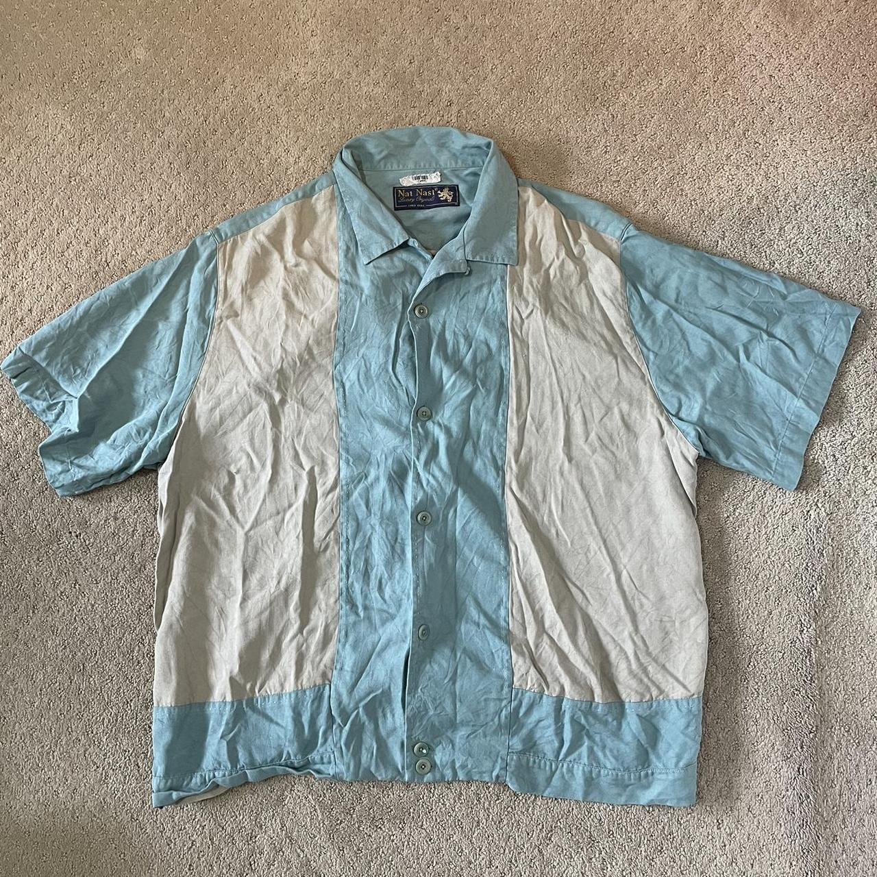 Vintage blue and grey bowling shirt, measured about... - Depop