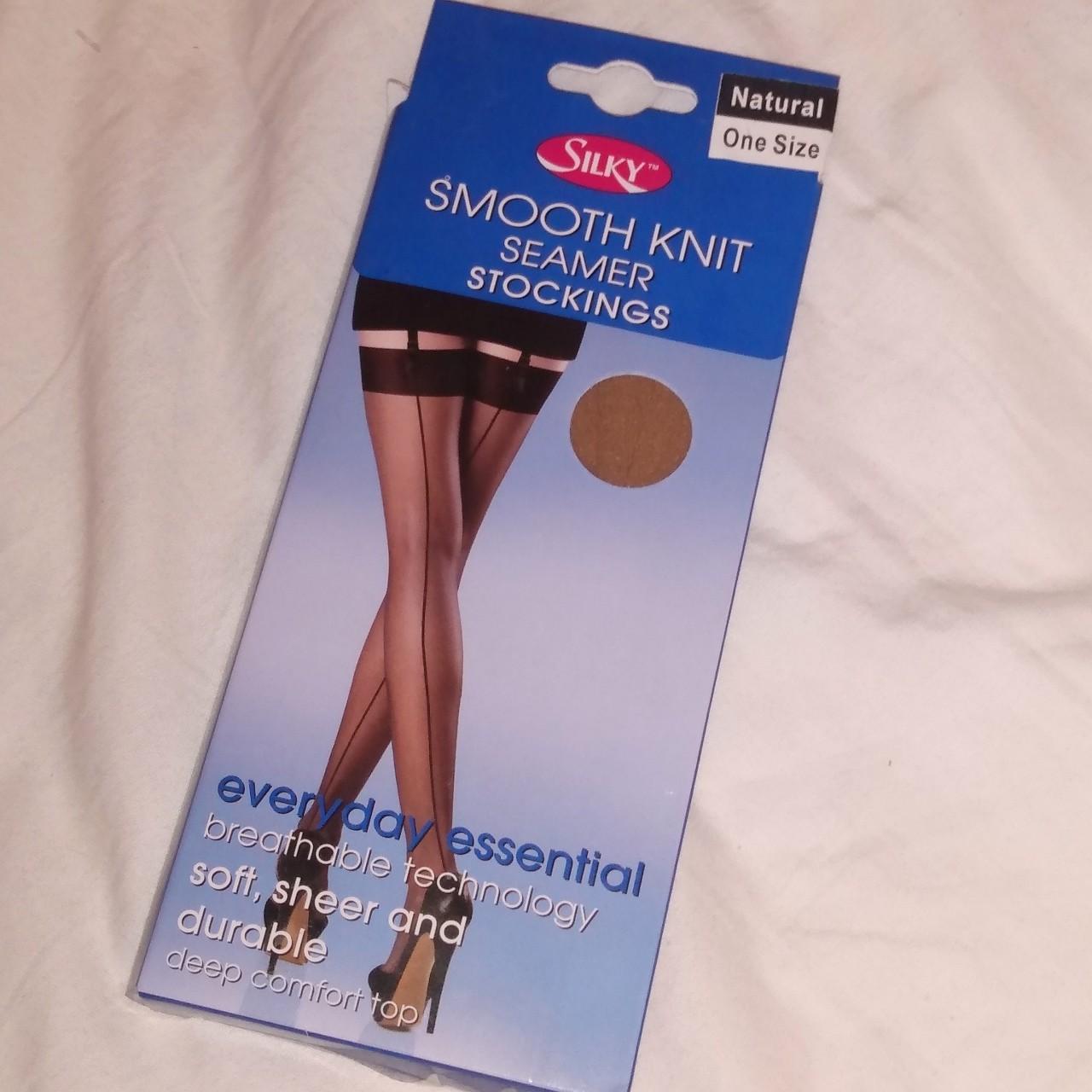 Tan stockings with back seams. One size, brand new - Depop