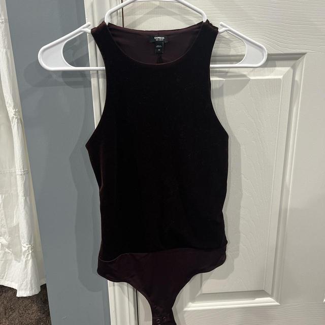 dark brown express body suit, velvet material, worn