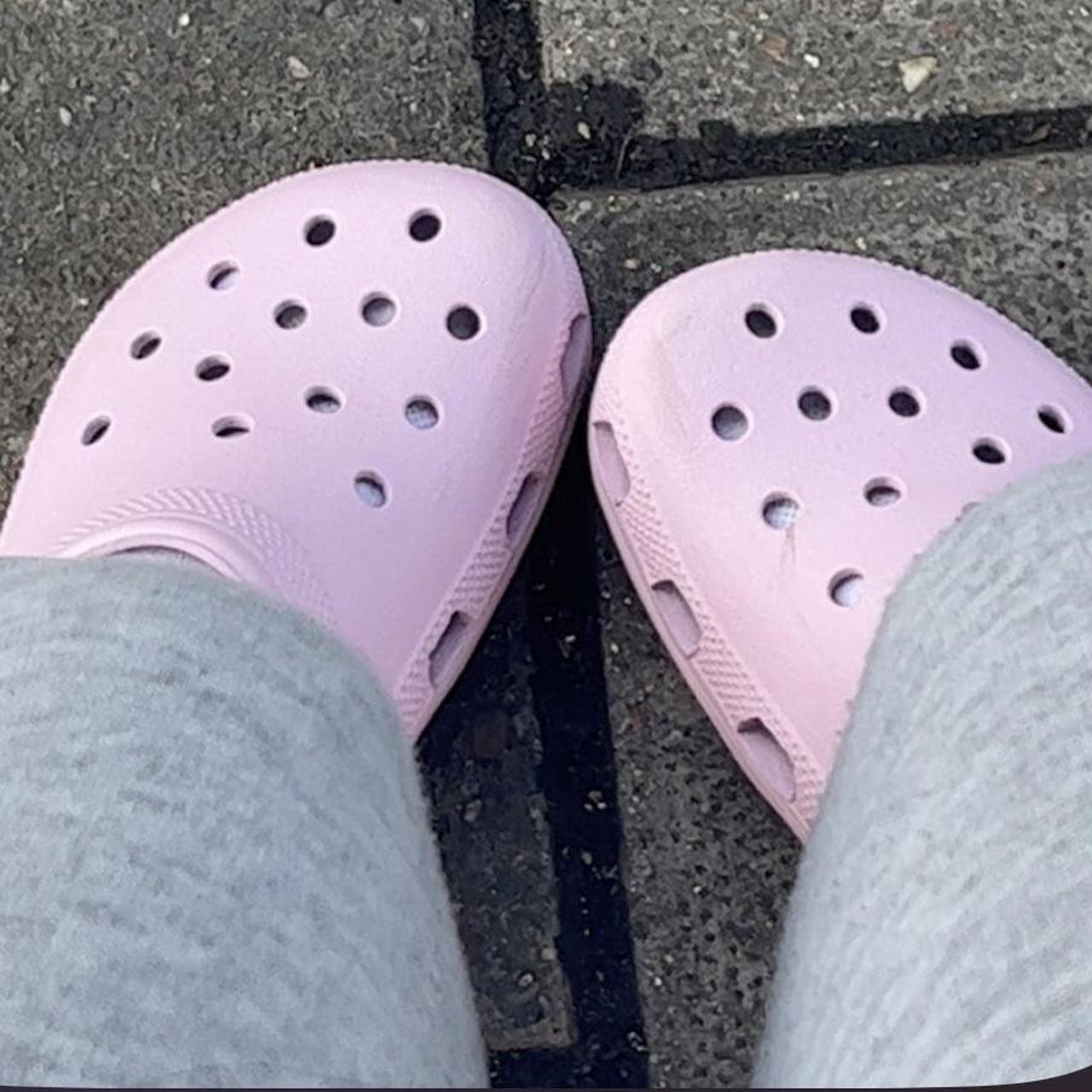 light pink crocs love these they are so cute for... - Depop