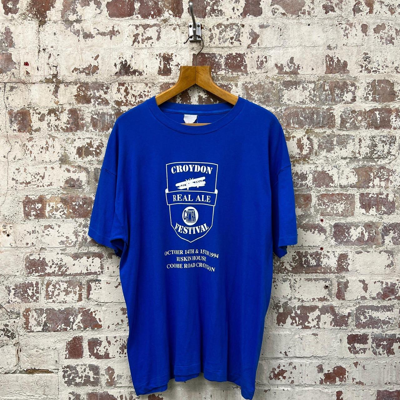 Vintage 1990s Blue Croydon Print T-Shirt Size Extra... - Depop