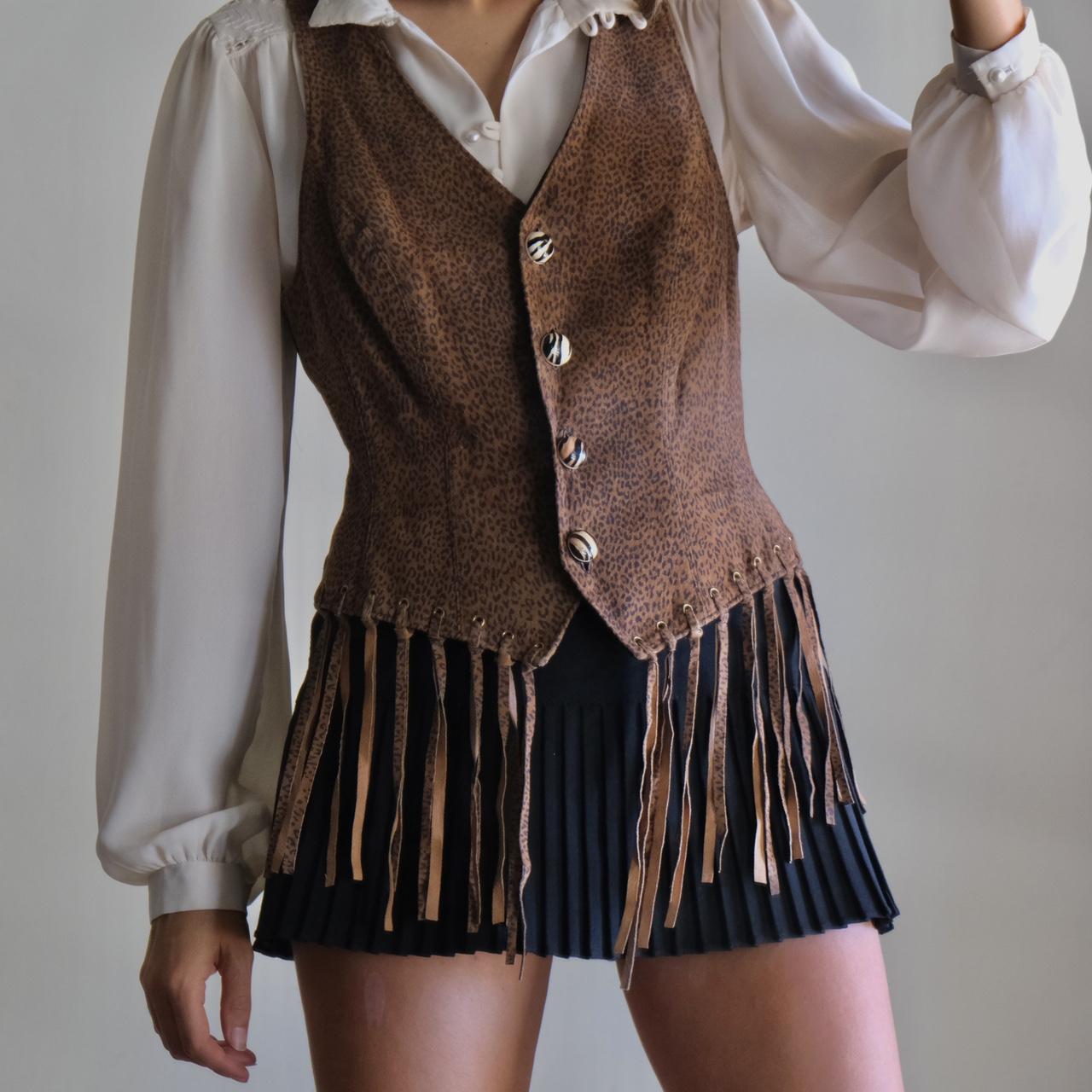 80s Suede Fringe Vest. Rare Vintage Cheetah Print...