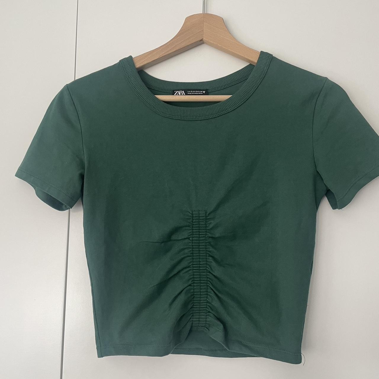 Dark green Zara cropped t shirt with ruched detail... Depop