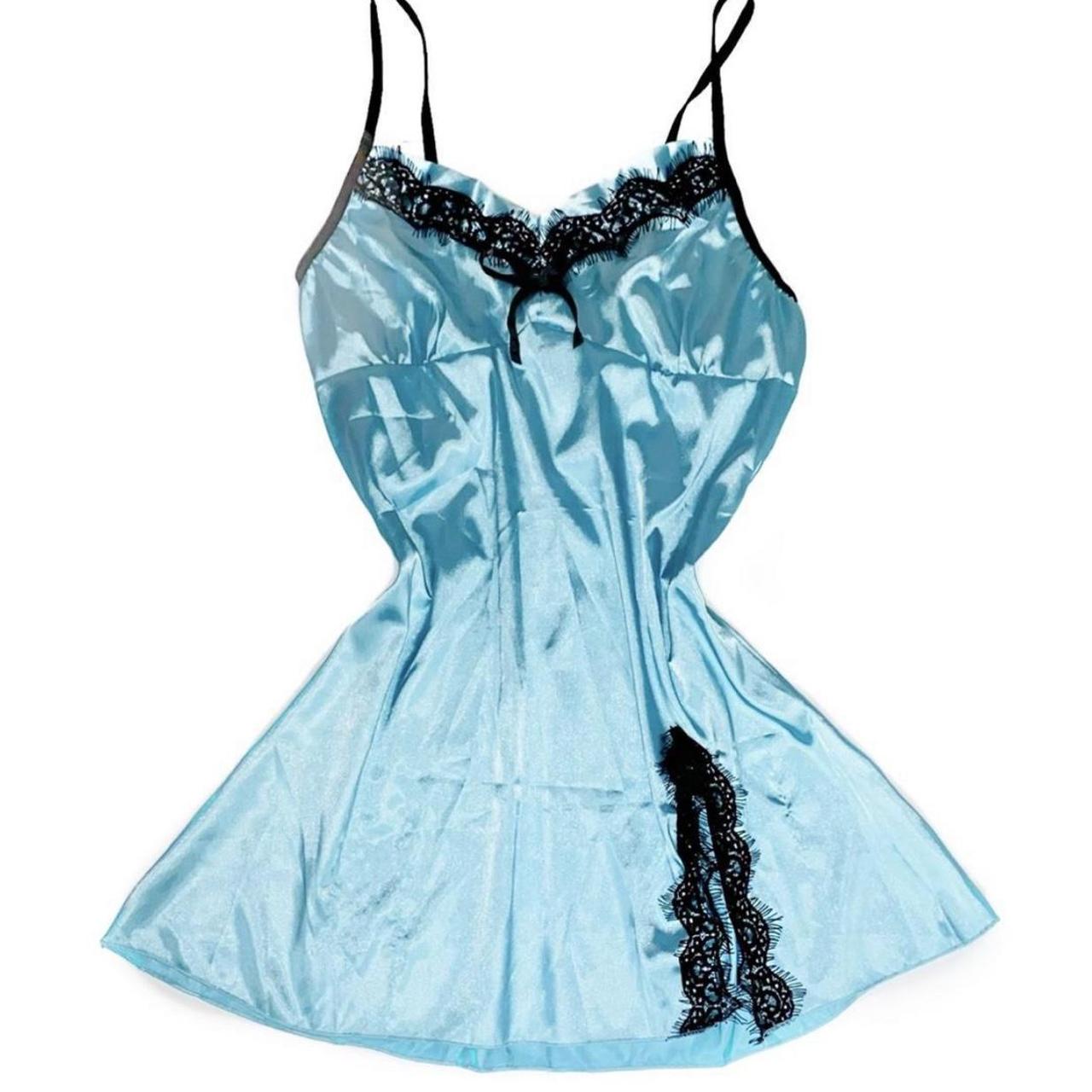 DAINTY SLIP DRESS • Blue slip dress with black lace... - Depop