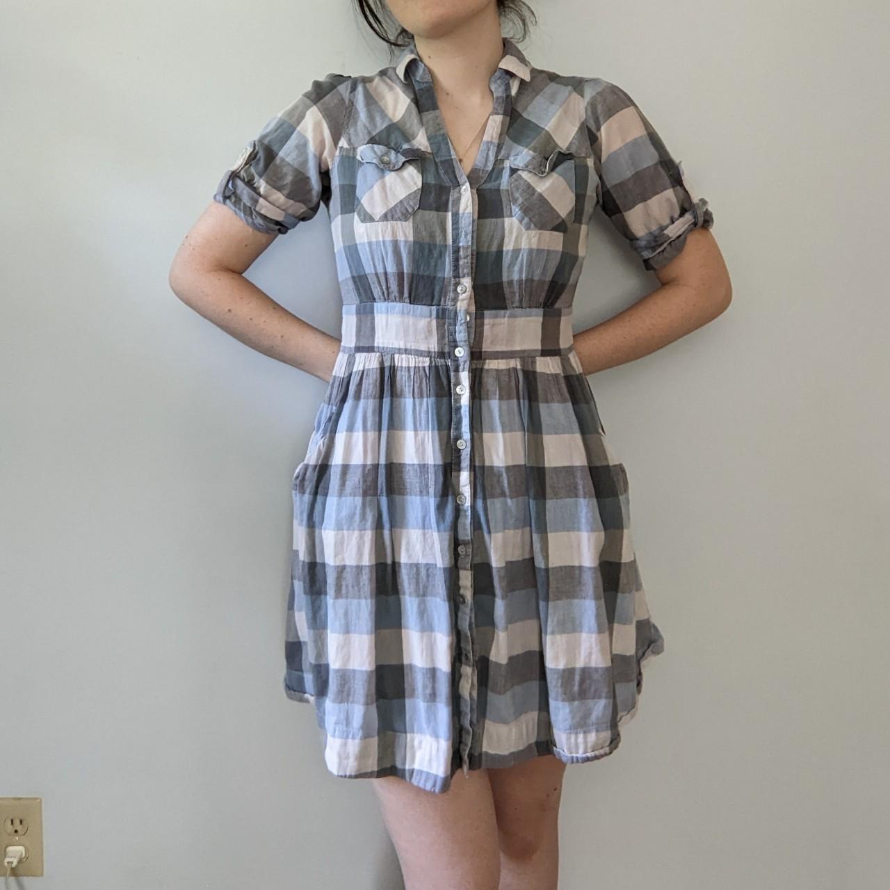 Blue white and gray mini plaid shirt dress Cinched - Depop