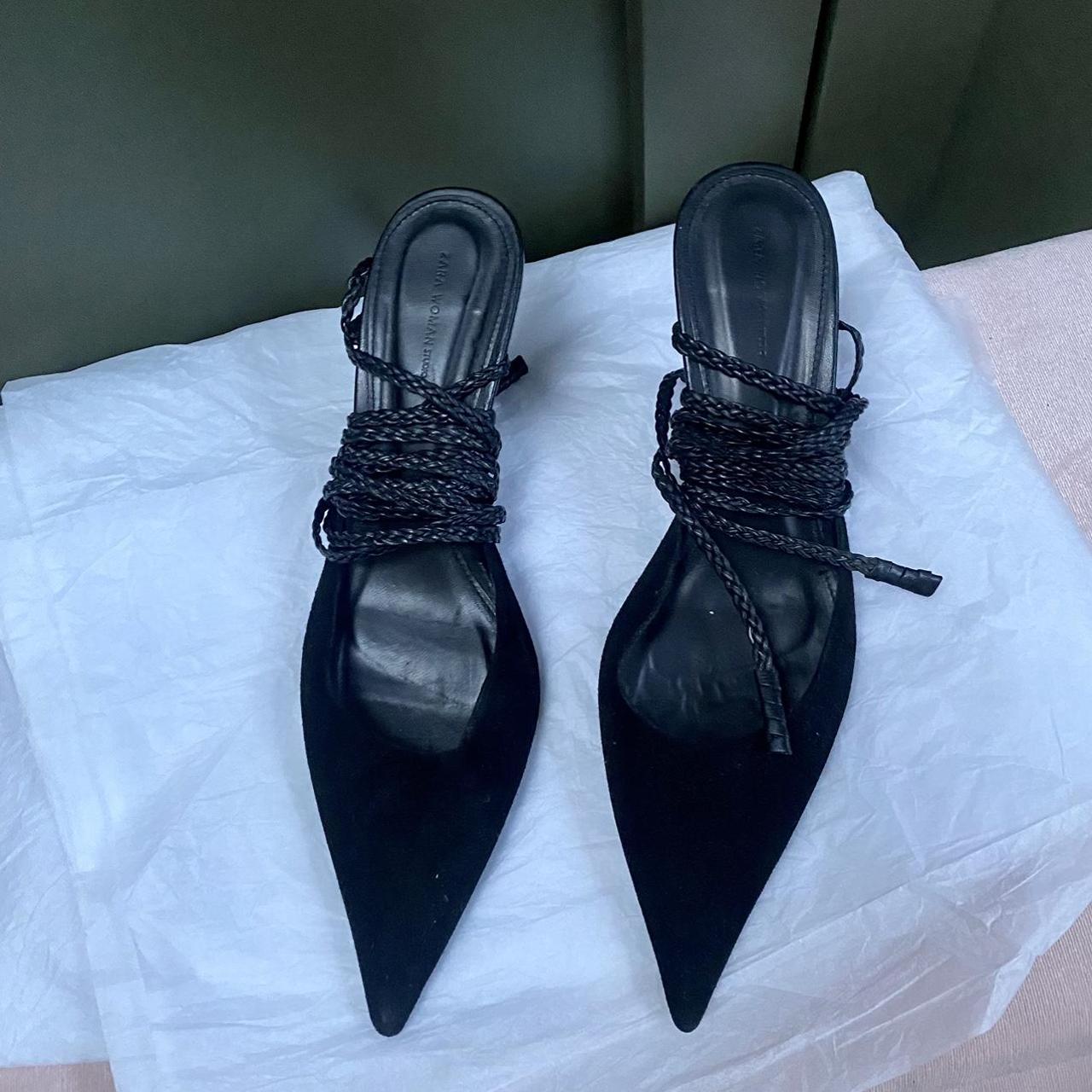 ZARA Black suede court kitten heels with lace-up... - Depop