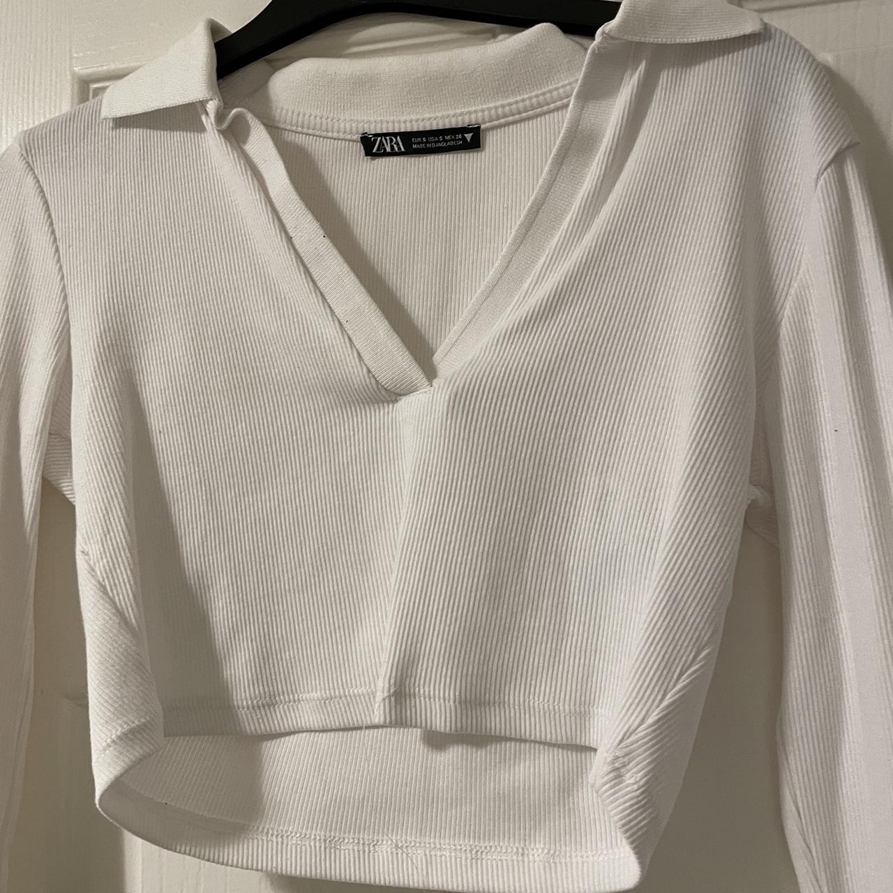 Zara white cropped/ polo long sleeve collared top in... Depop