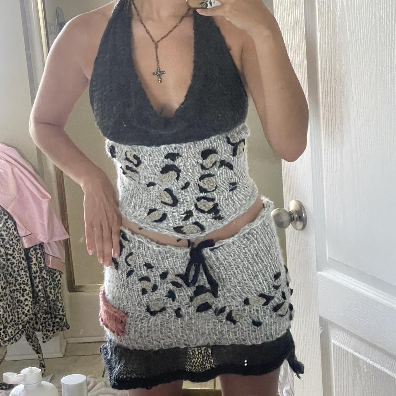Hand knit cheetah 🐆 mini skirt with ruffles and cowl... - Depop