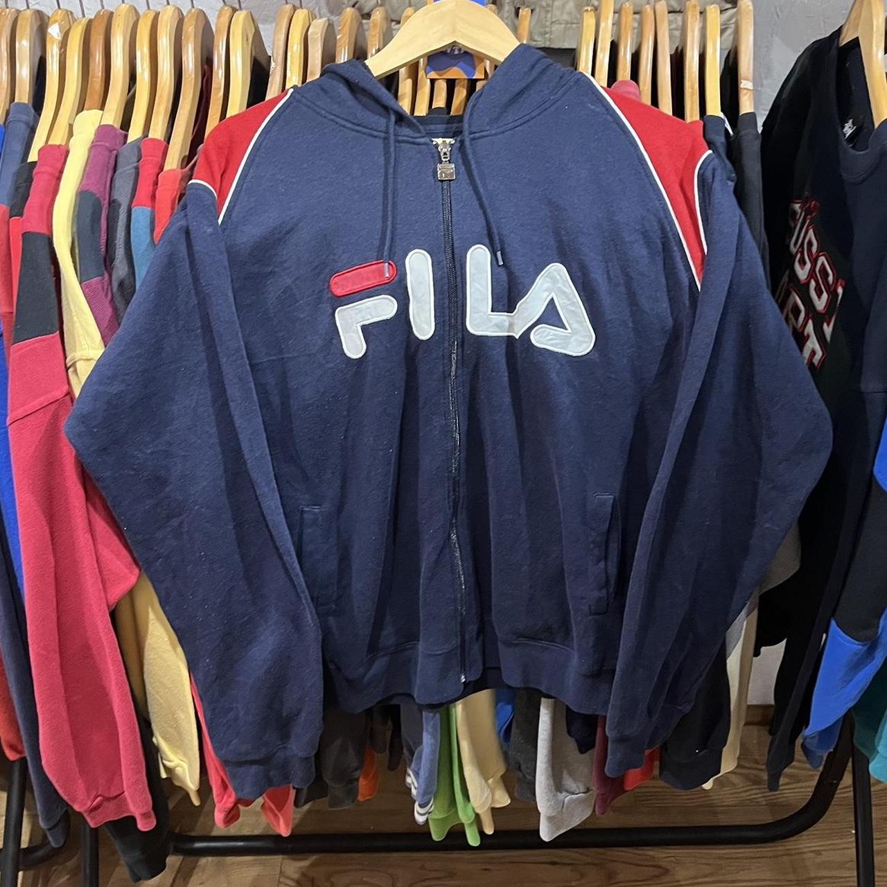 Fila navy blue zip up hoodie SIZE LARGE GOOD. Depop