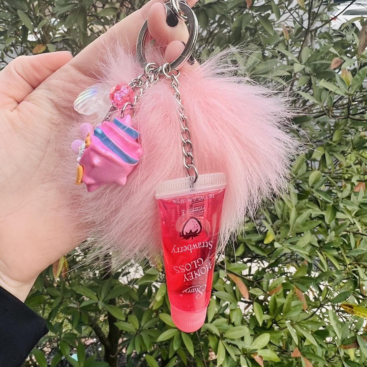 PINK Lip Gloss Lanyard With Puff Ball Keychain 