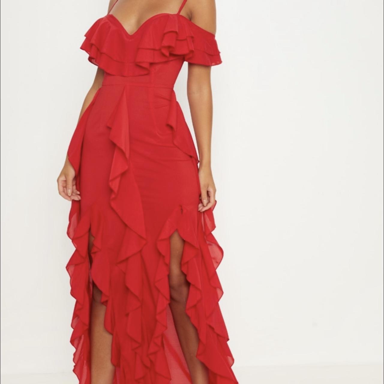 Red cold shoulder ruffle dress PLT RRP:$120.00 worn... - Depop