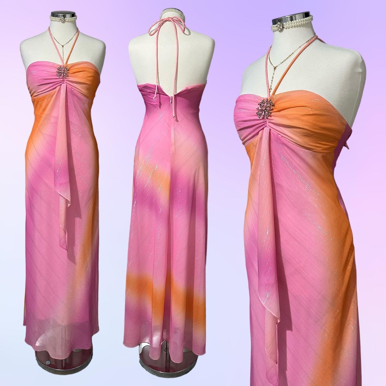 Vintage Ombré Pink & Orange Shimmery Halter Maxi... - Depop