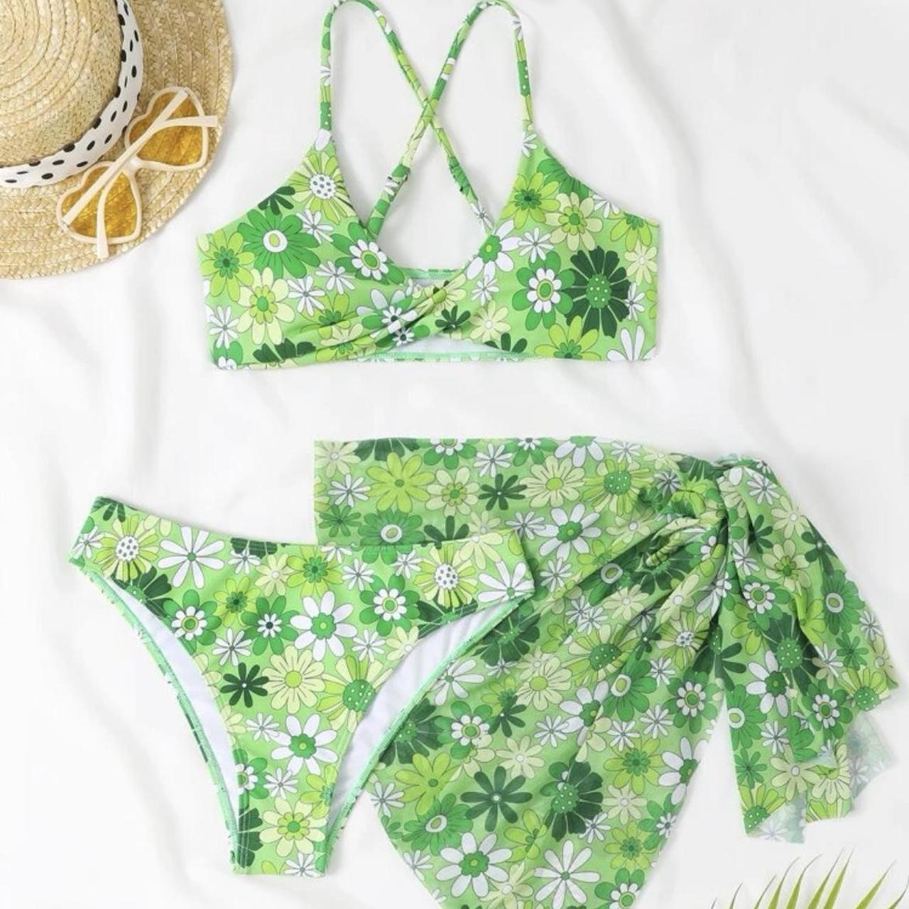 Shein green floral print bikini swimsuit with cover... - Depop