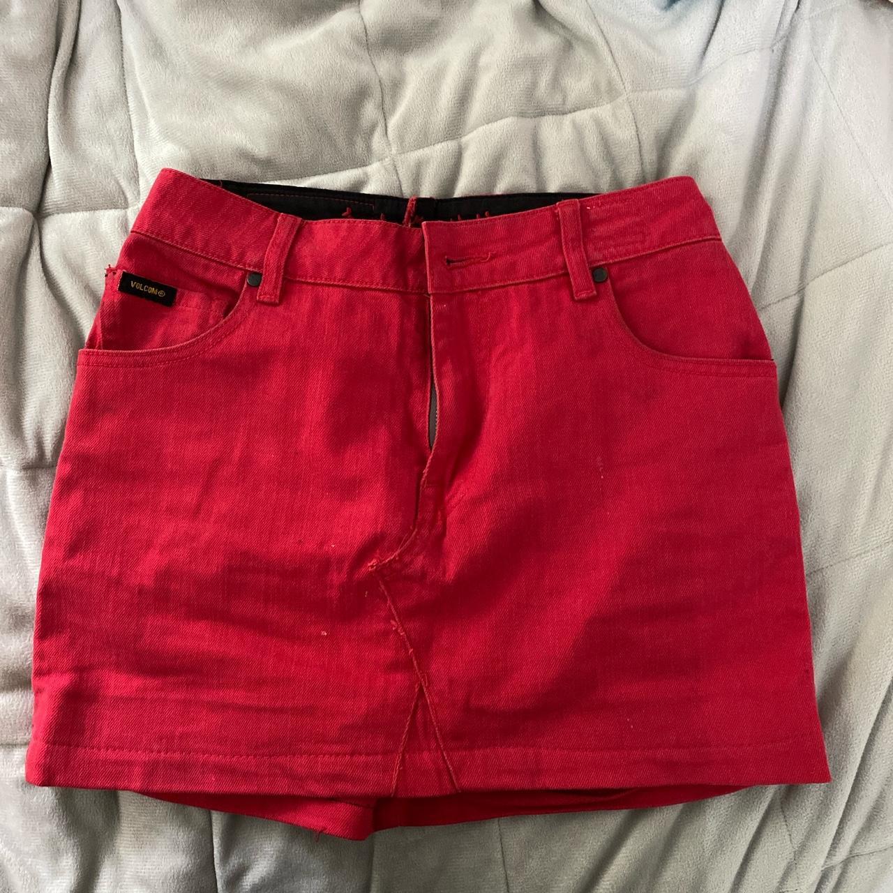 red mini denim reworked volcom skirt fits size 6-8 best - Depop