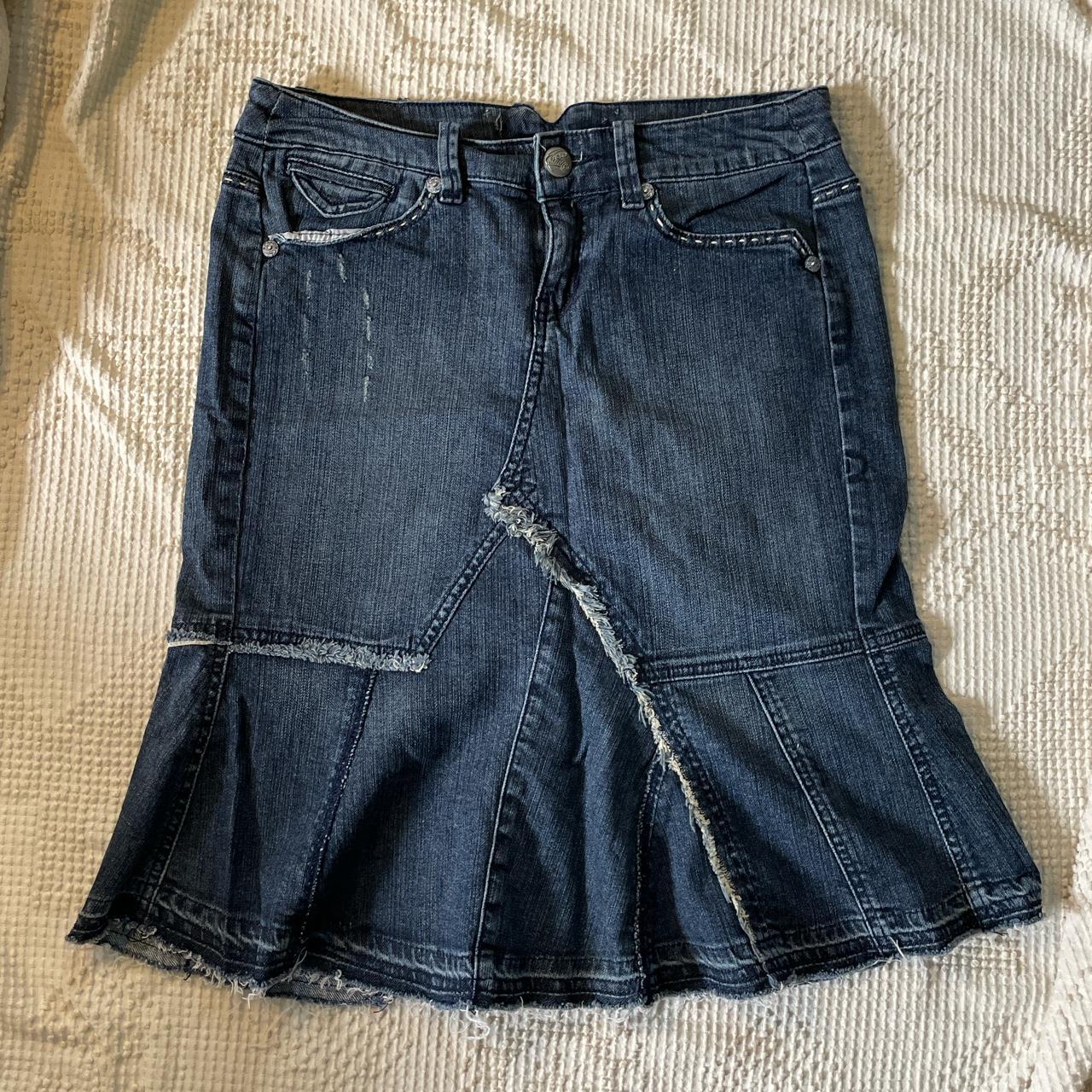 Y2K grunge distressed denim low rise midi skirt... - Depop