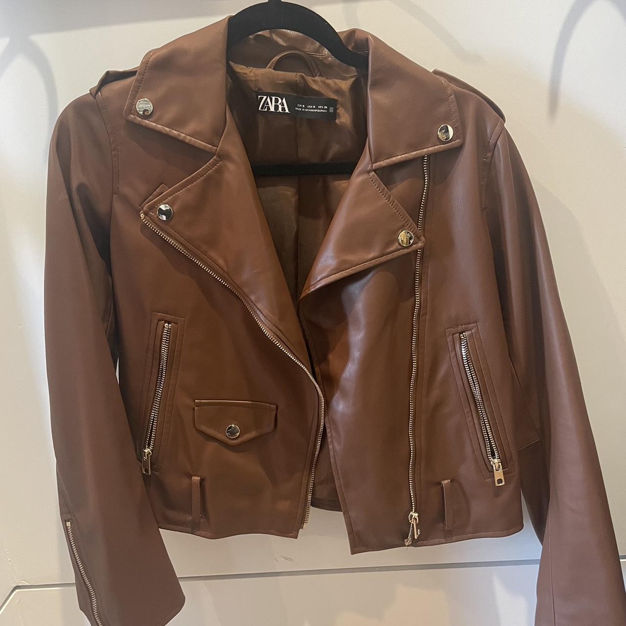 Zara brown leather jacket, moto style Perfect... - Depop