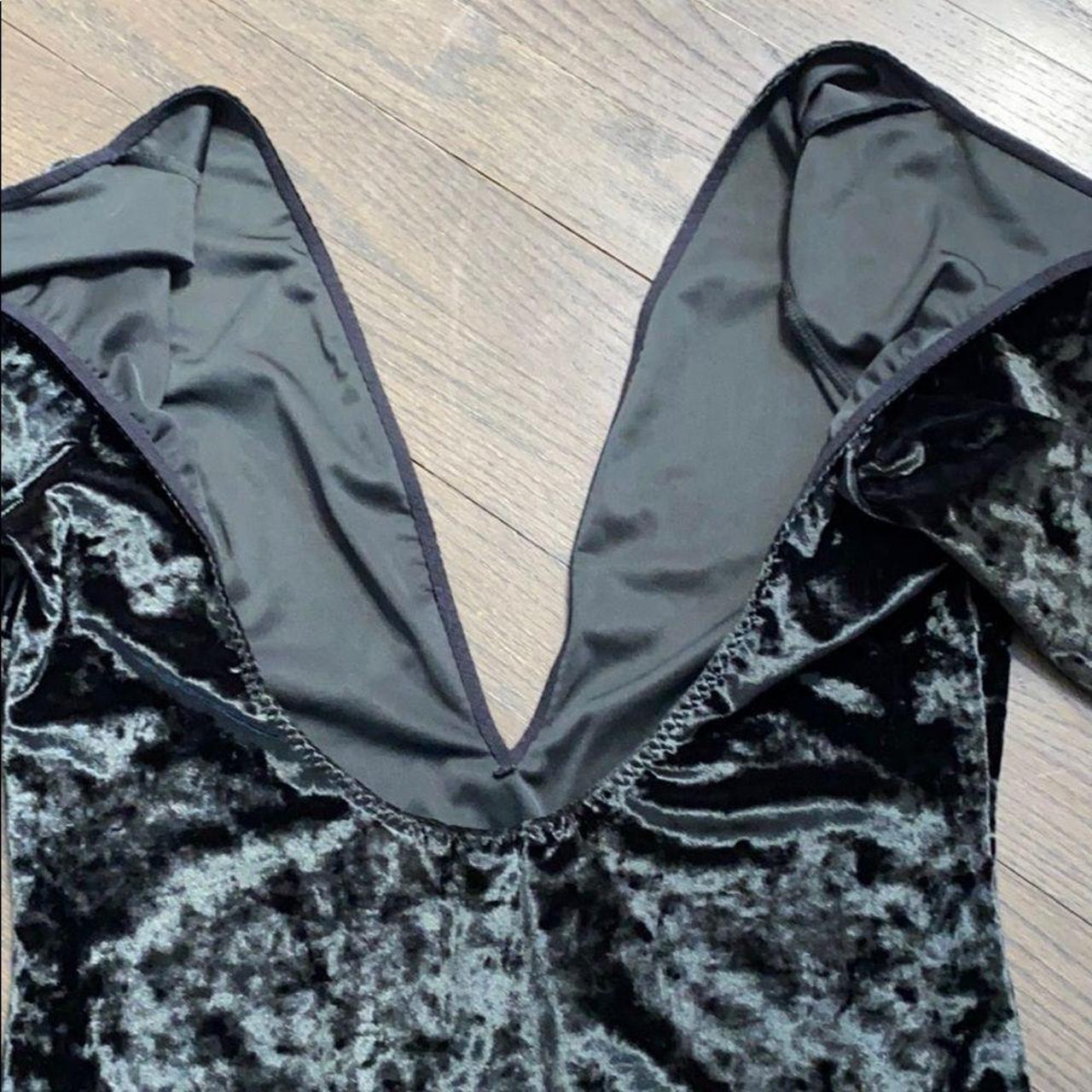 Black Crushed Velvet Deep-V Open Back Thong Bodysuit... - Depop