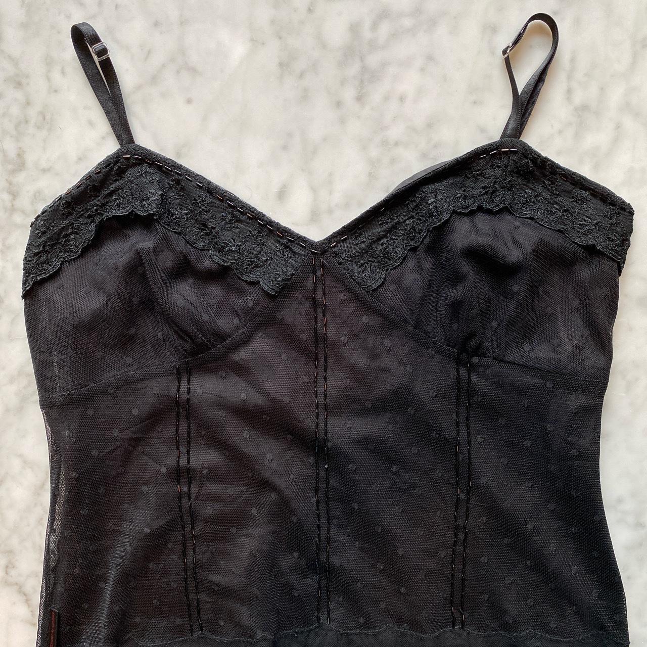 Y2K Black Lace mesh Cami top beaded DKNY tag size 14... - Depop