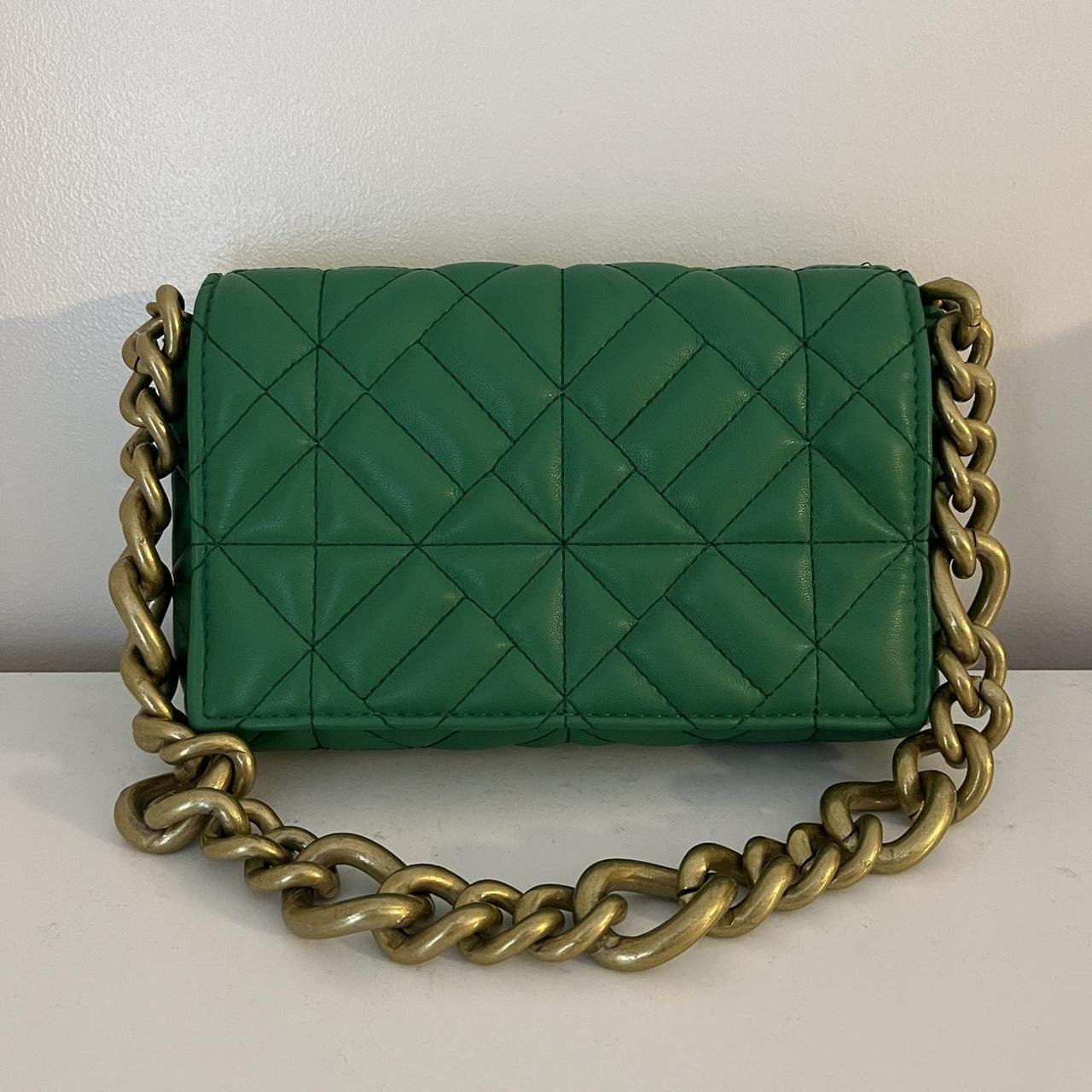 Zara green quilted shoulder bag with gold chain.... Depop