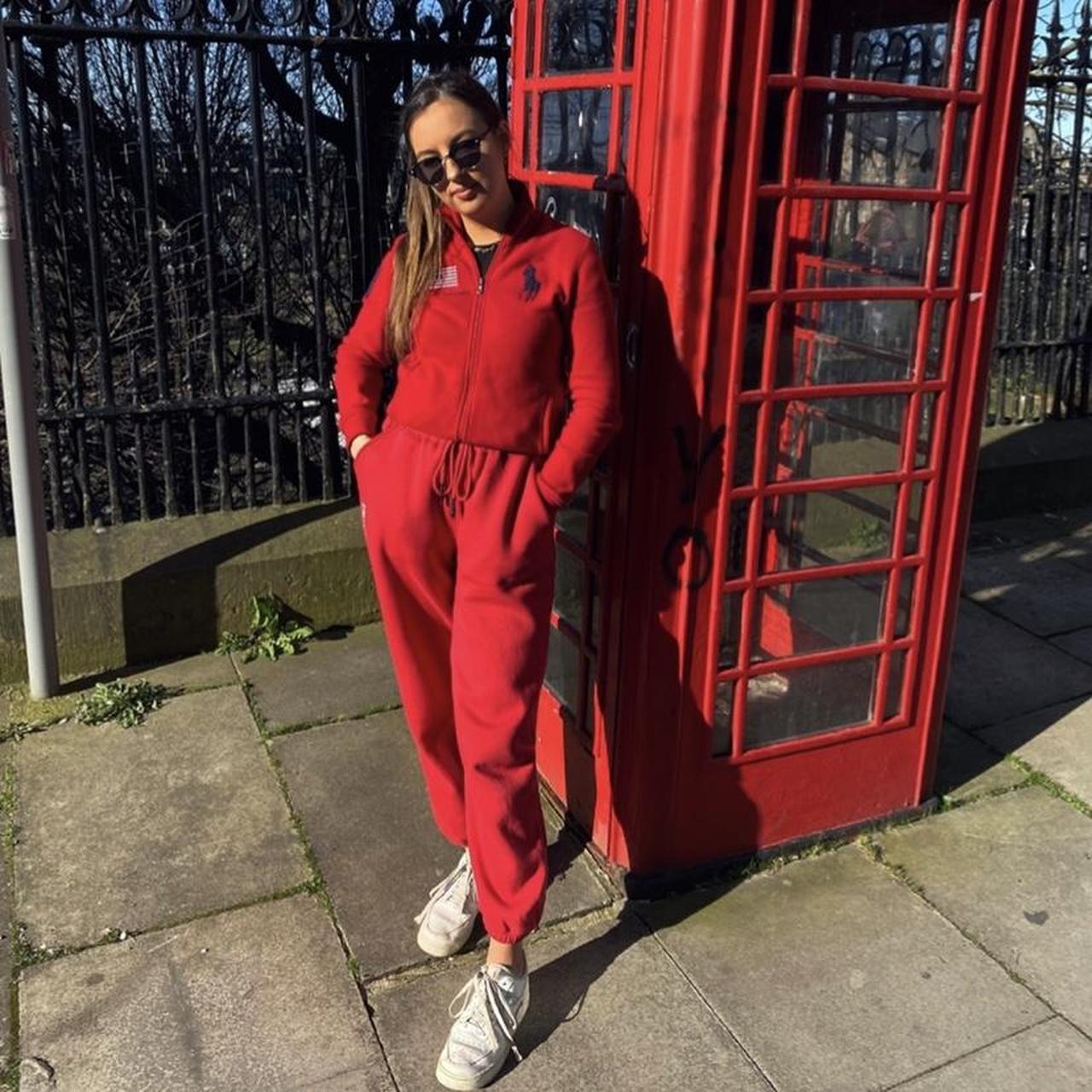 red oversized joggers have pockets and embroidered... - Depop