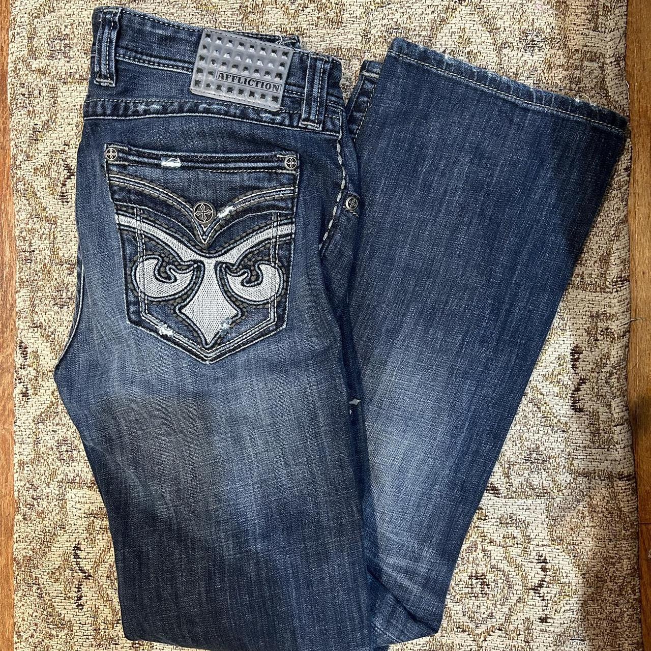 affliction bootcut baggy denim jeans. has unique... - Depop