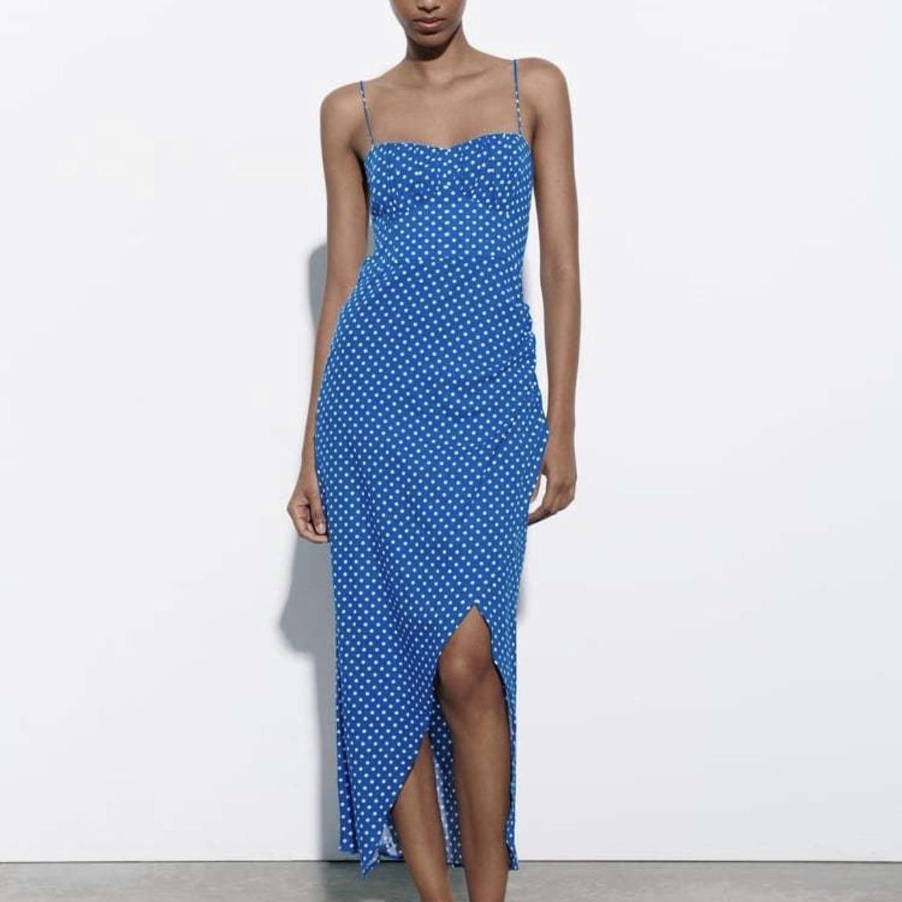 zara blue and white polka dot dress, size small,... Depop