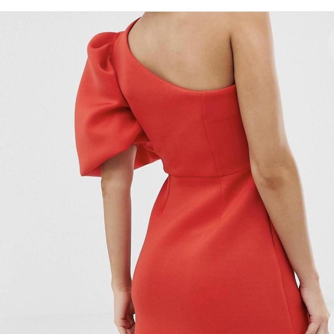 Red one shoulder puff sleeve dress Brand new labels... - Depop