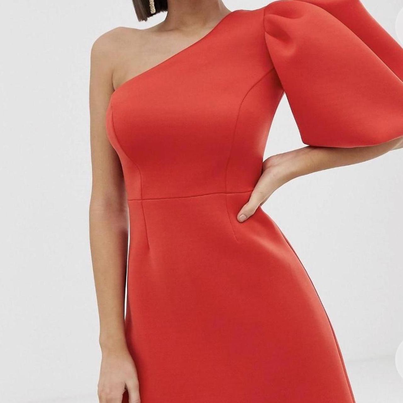 Red one shoulder puff sleeve dress Brand new labels... - Depop