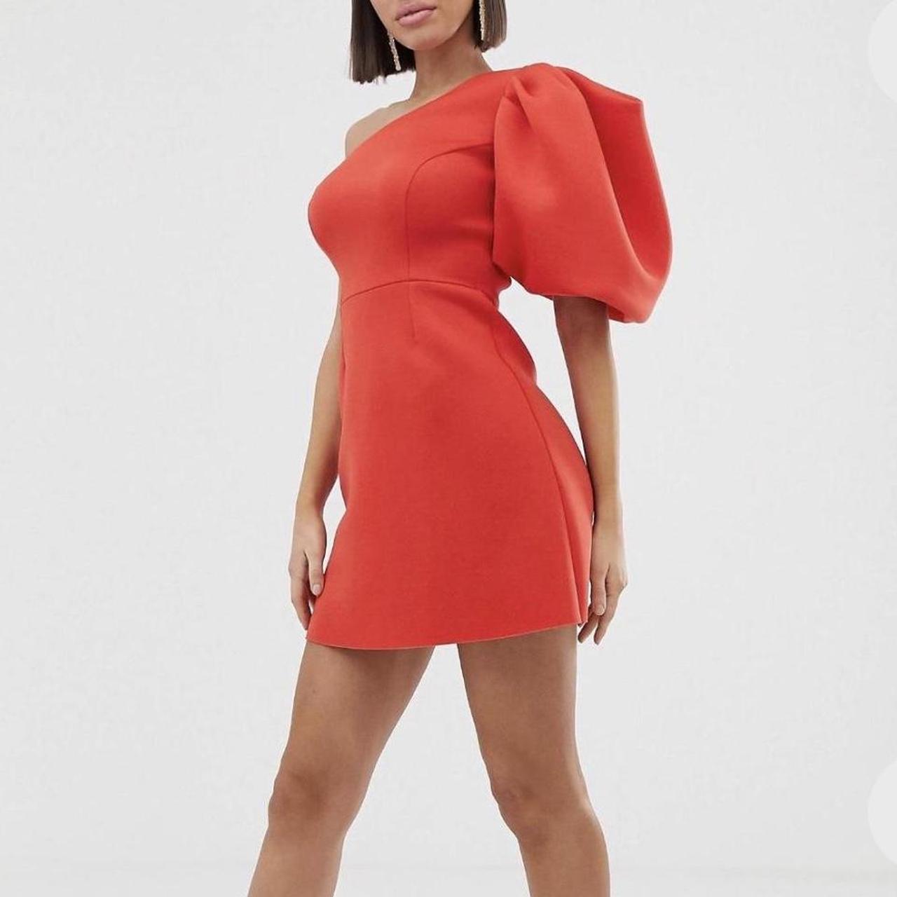Red one shoulder puff sleeve dress Brand new labels... - Depop
