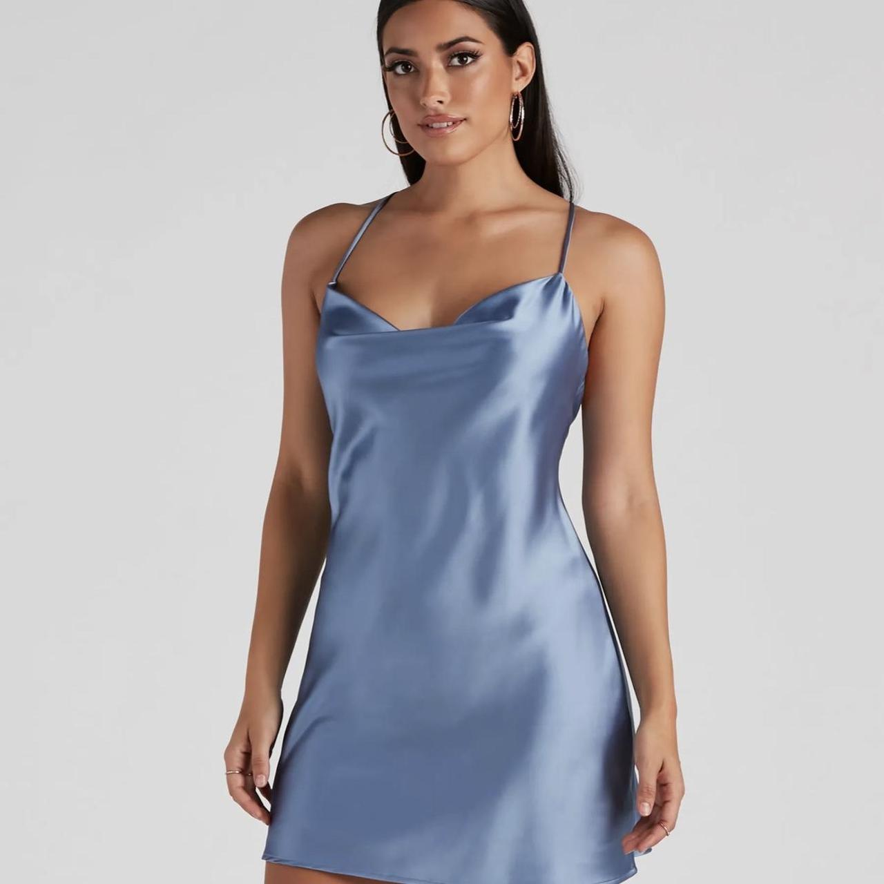 Zaful Blue Satin Dress with slits on side. only worn... - Depop