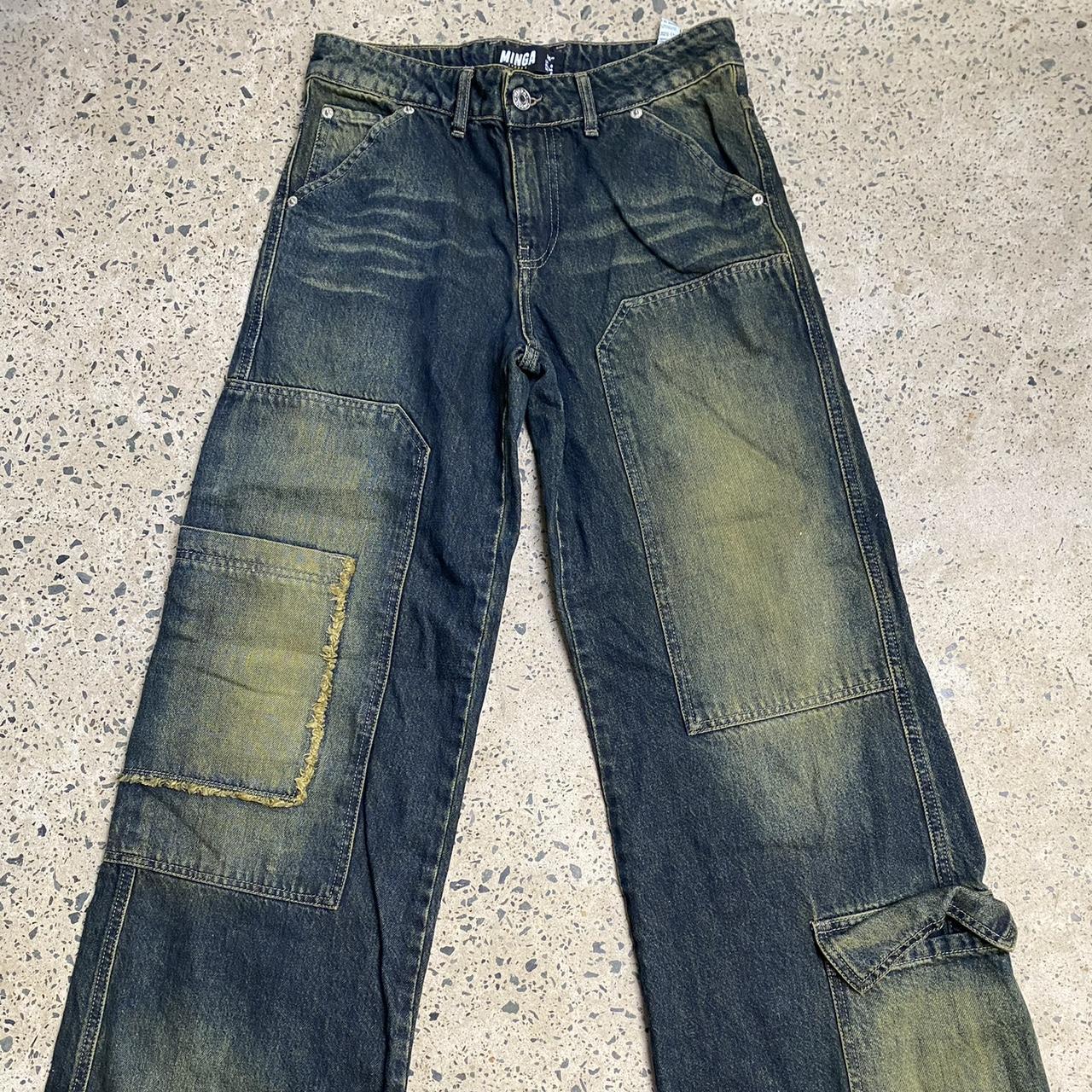 Minga London baggy leg green/ yellow wash cargo jeans - Depop