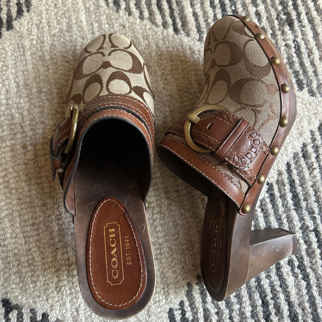 Cute monogram coach clogs with studded and buckle.... - Depop