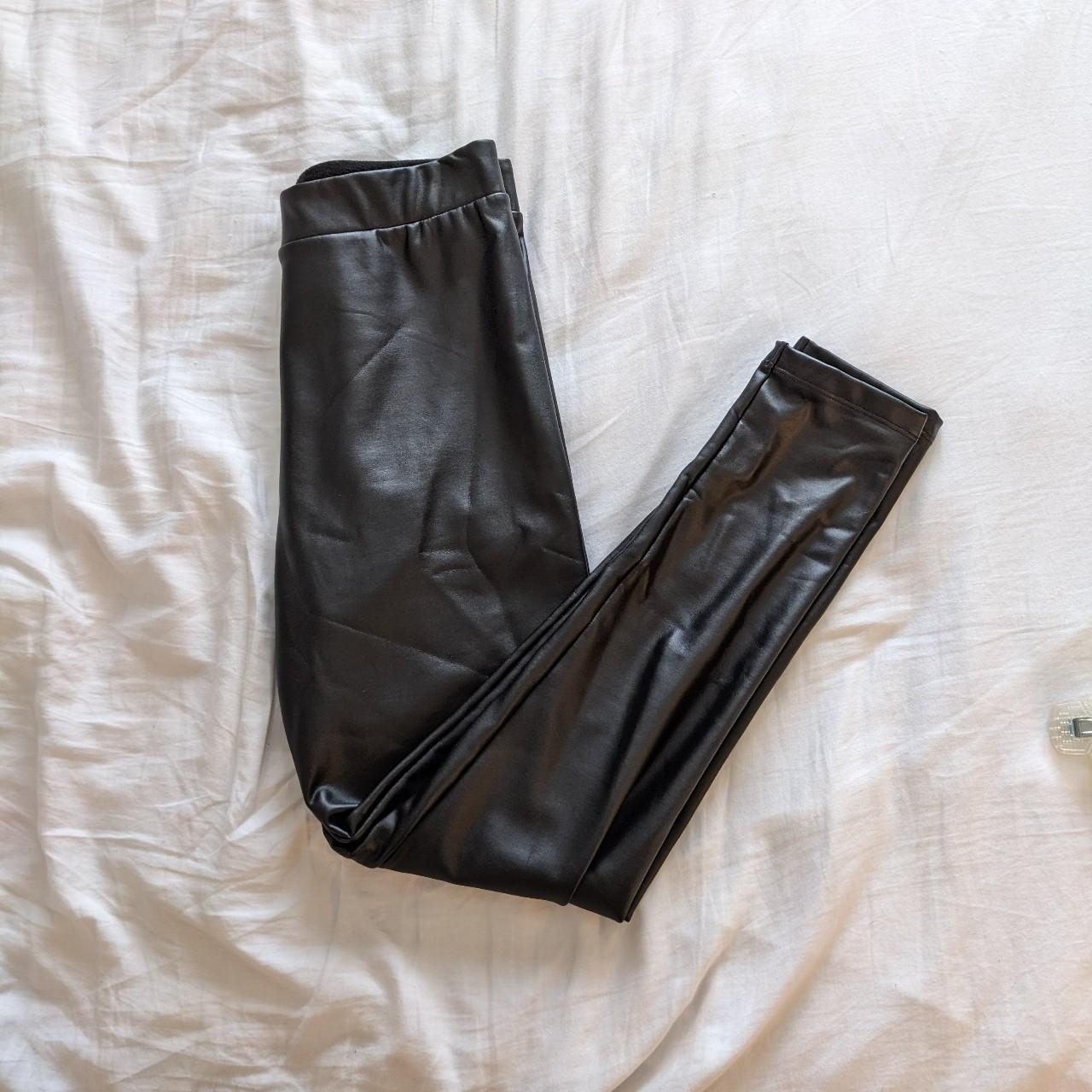 Tezenis black faux leather leggings. Fleece lined so - Depop