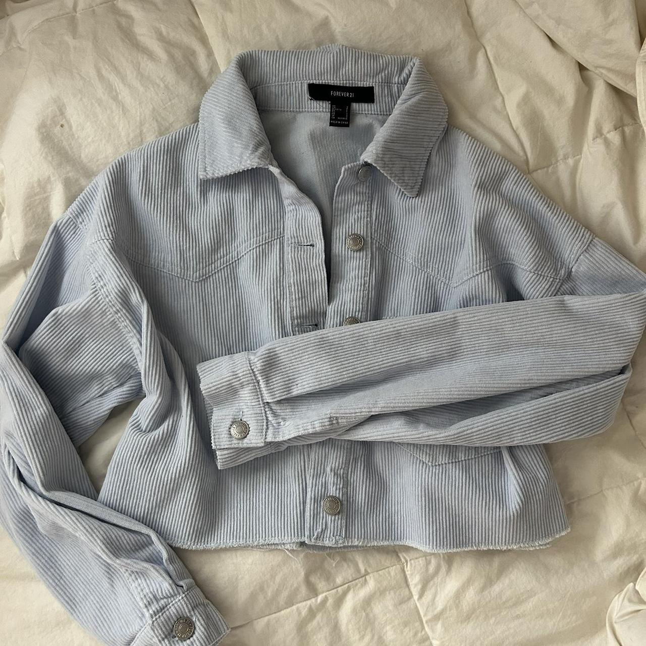 forever 21 cropped baby blue corduroy jacket • size... Depop
