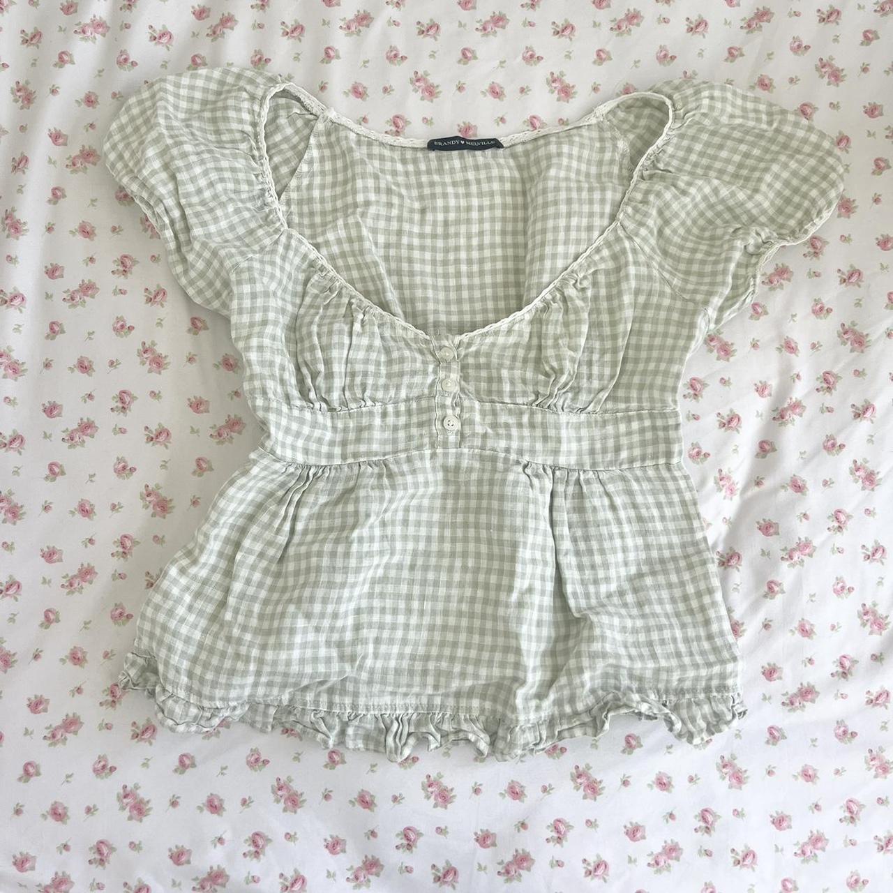 Brandy Melville Women's Green and White Blouse | Depop