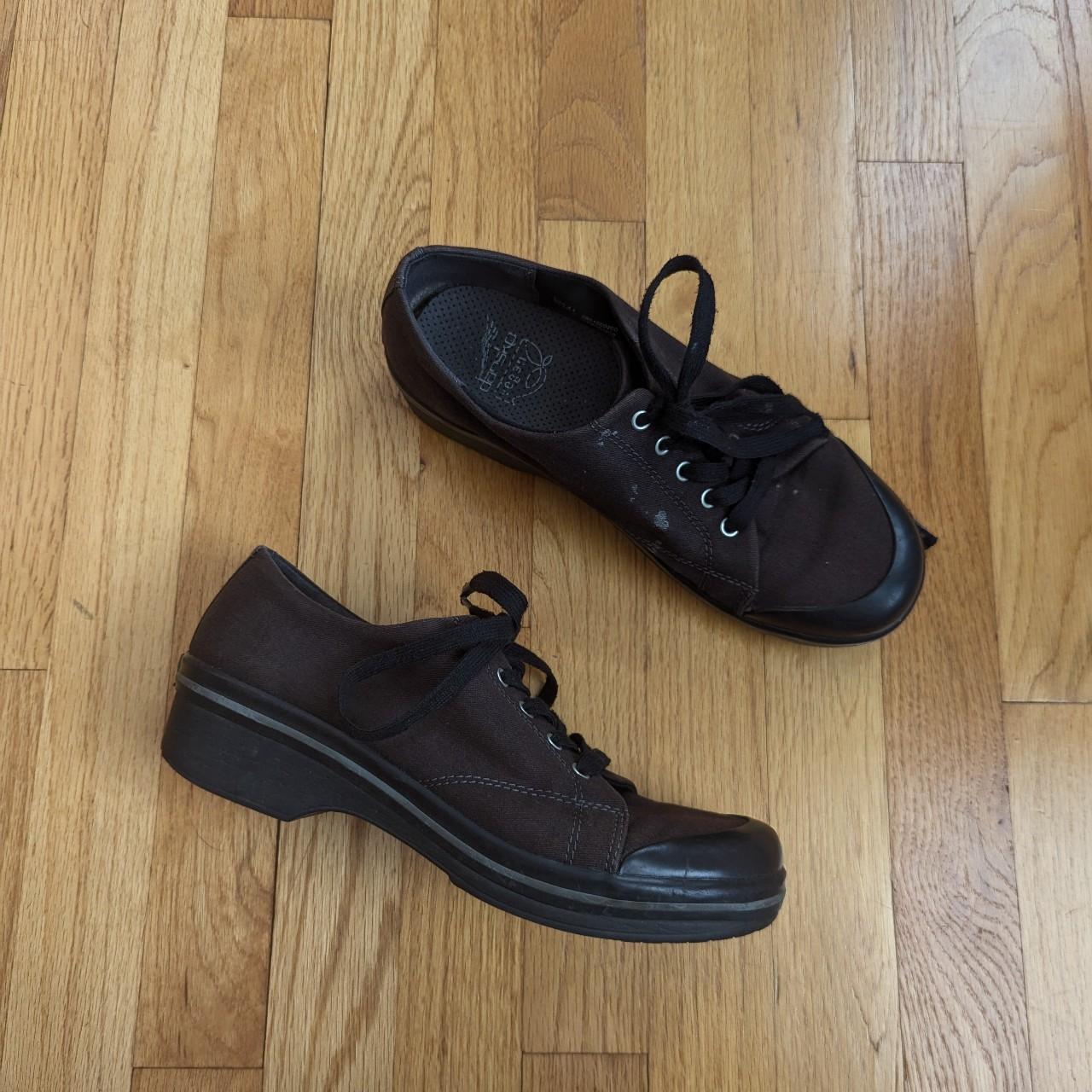 Dansko Veda Vegan Dark Brown Canvas Platform Clog. Depop