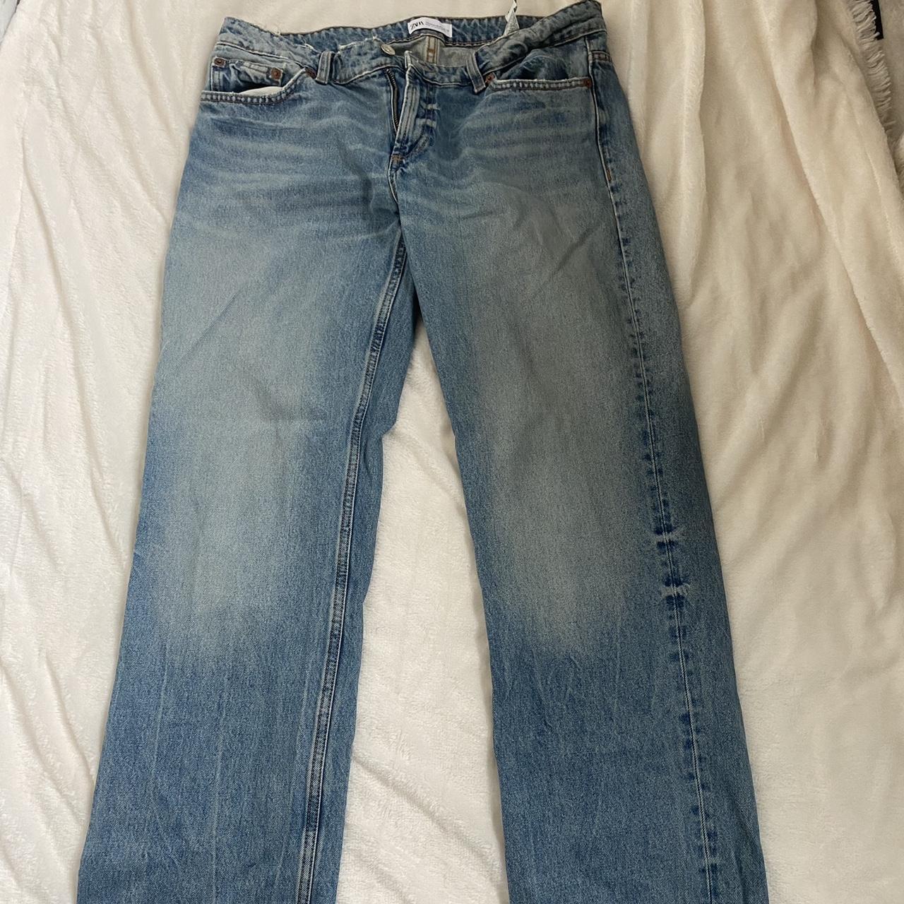 low rise straight/baggy jeans light blue wash size... - Depop