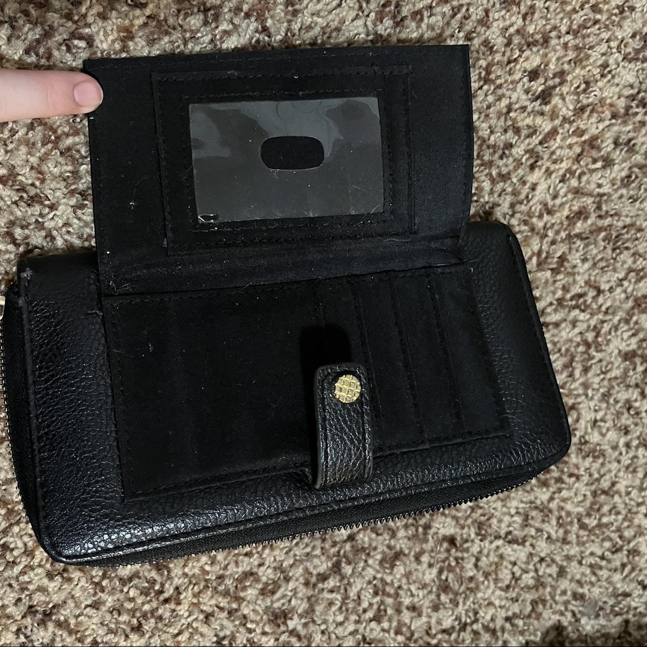 simple black and gold long wallet has small stain on... - Depop