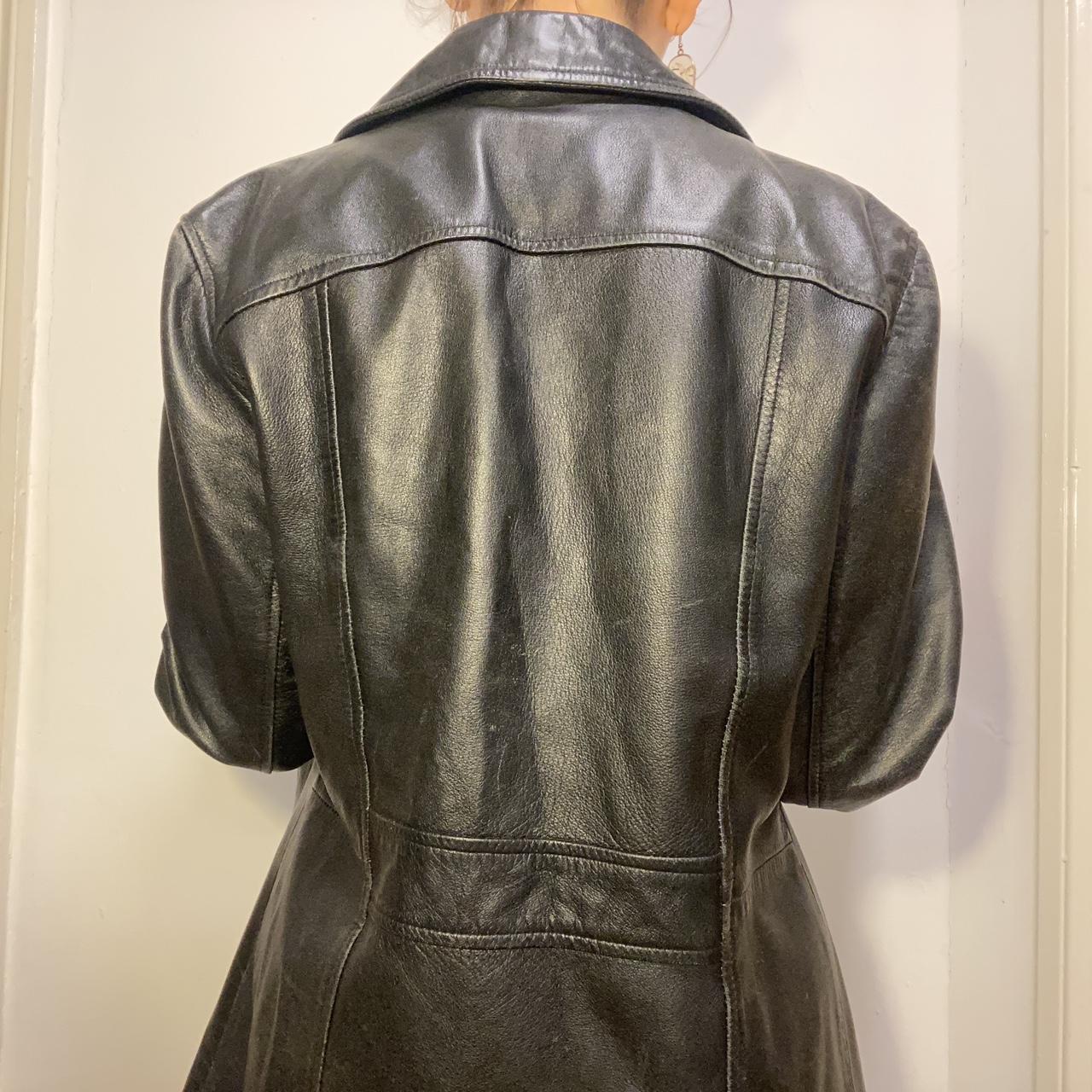 Black vintage leather jacket button up with pockets,... - Depop