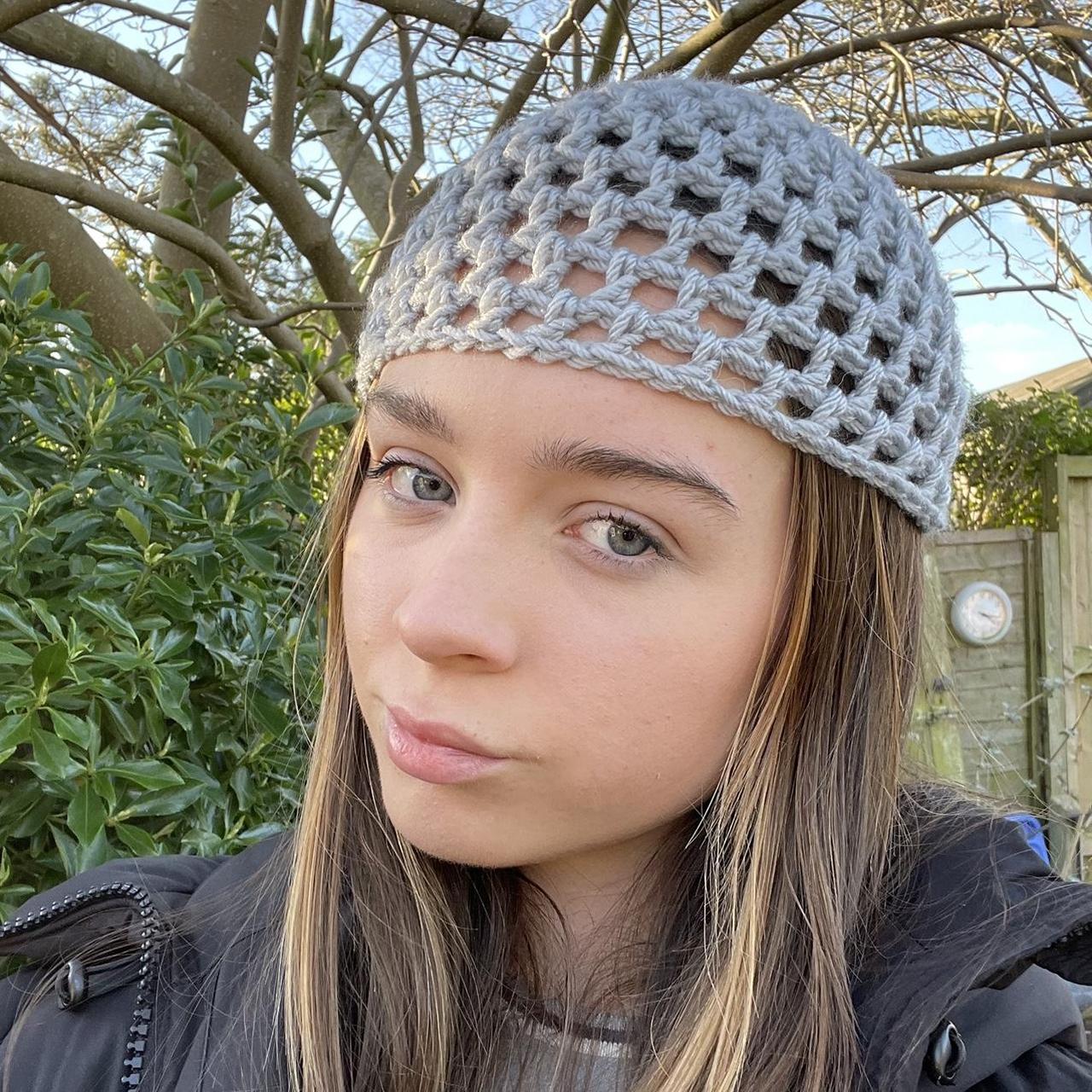 Grey detailed crochet beanie/skullcap -handmade... - Depop