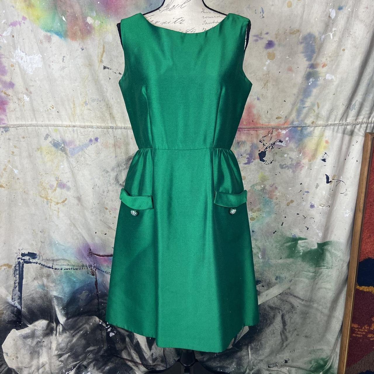 Vintage emerald green, jacquard tank style dress... - Depop