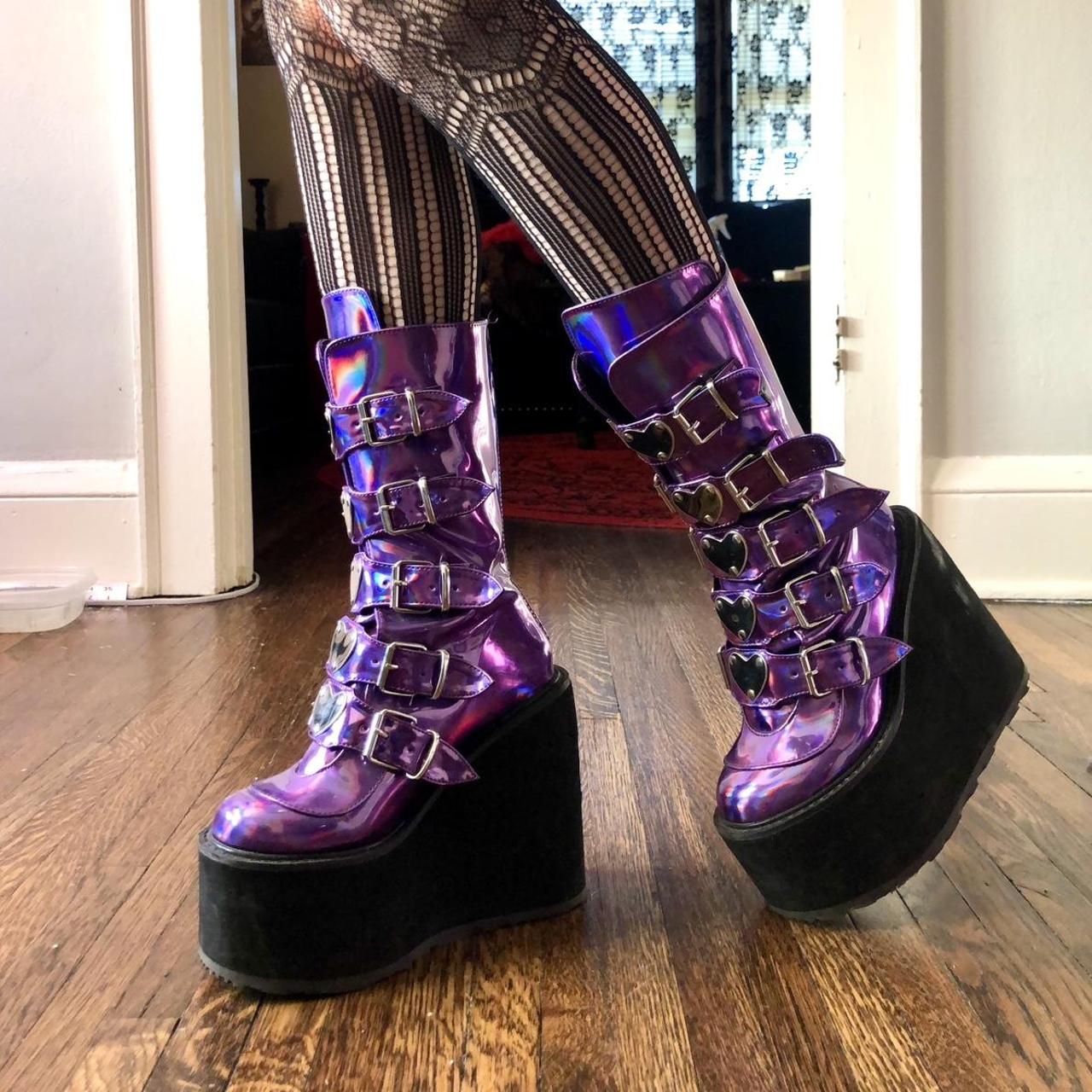 DEMONIA “Swing-230” Purple Hologram Platform Boots... - Depop