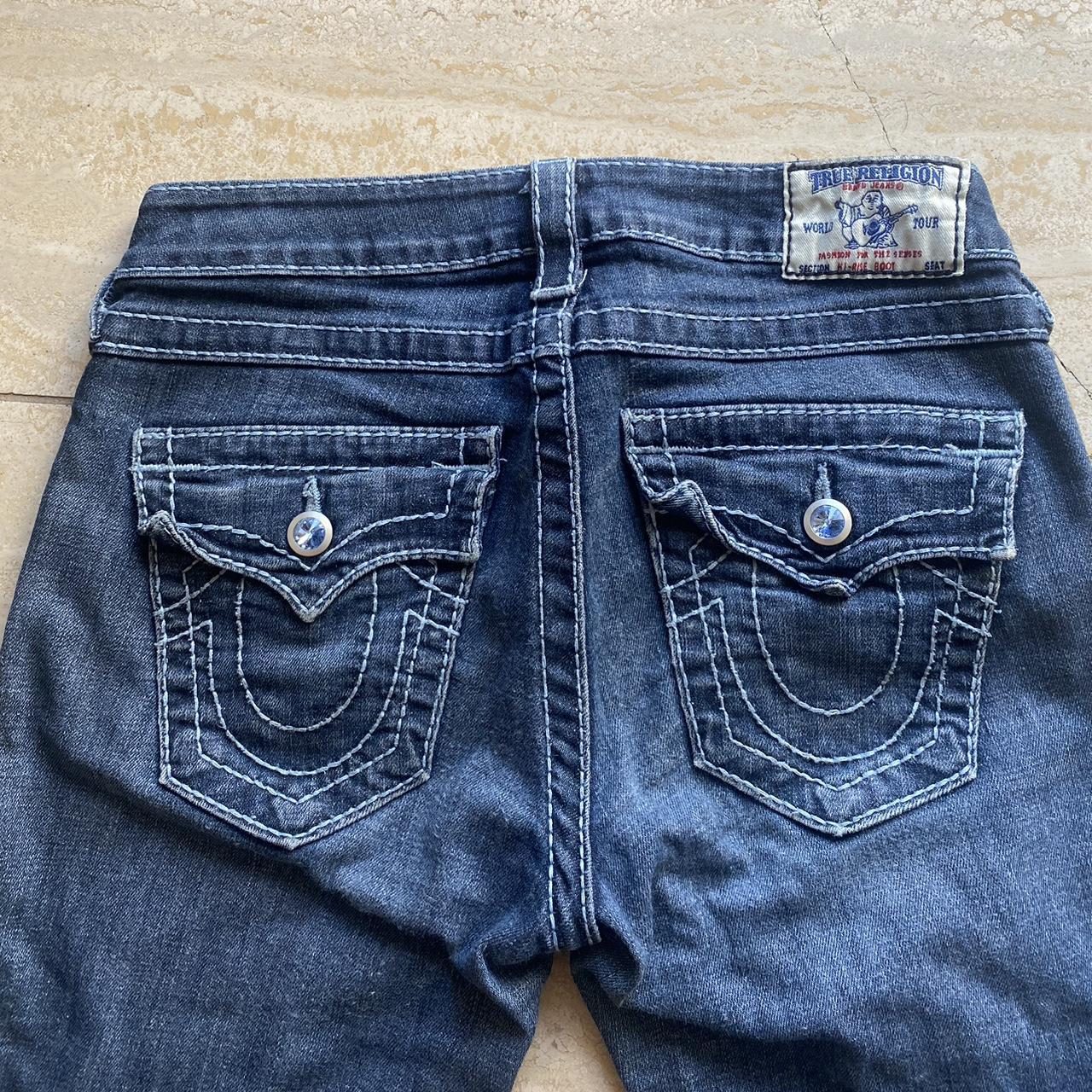 low rise bootcut true religion jeans with blue gems... - Depop