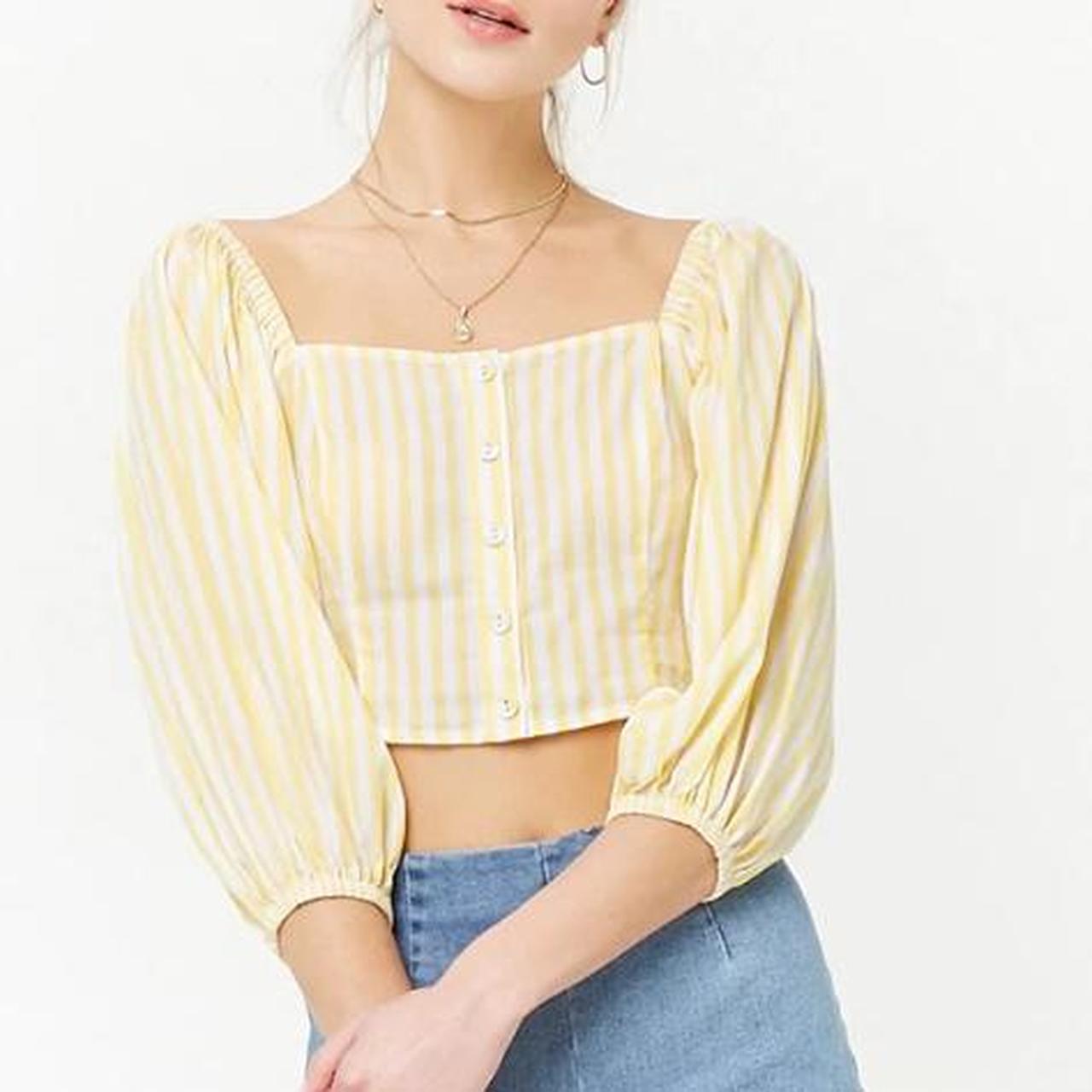 Yellow And White Striped Forever Crop Button Up Top Depop