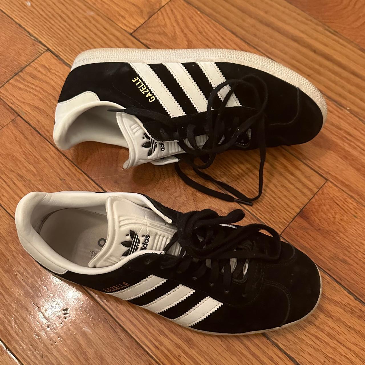 Classic black suede Adidas Gazelles, w/ white rubber... - Depop