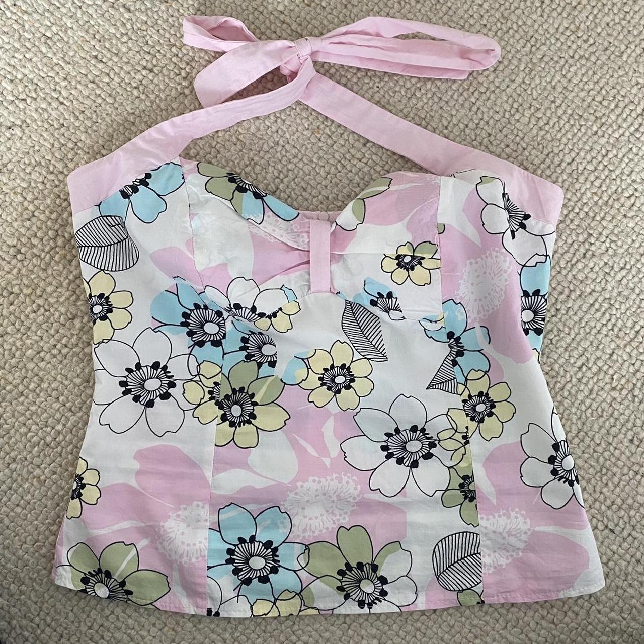 y2k jane norman floral halter neck tie top size Depop